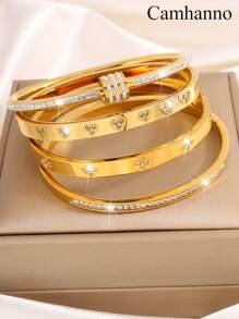 Camhanno Conjunto de 4 peças empilháveis, requintados e modernos, de aço inoxidável, com coração e quatro folhas em relevo, adequado para presentear namoradas durante os feriados, dia dos namorados, mãe, mãe, dia das mães, presente