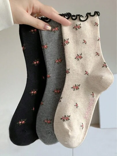3/6 双女式中筒袜，复古花卉提花图案，荷叶边饰边，甜美女孩风格，奢华复古袜子，适合所有季节，秋季