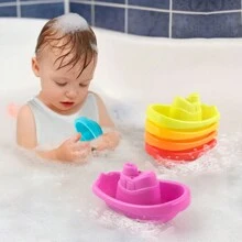 6 pièces/set Jouets de bain empilables arc-en-ciel colorés, navire et tasse, jouets éducatifs de puzzle pour le jeu de baignoire de bébé