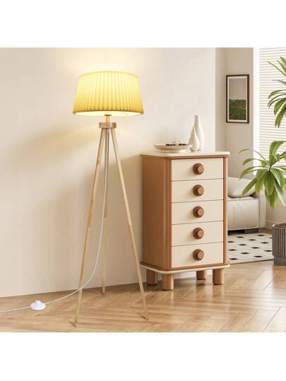 1pc Vintage Wooden Leg Vloer Lamp Foldable Wit Linen Lampshade, Foot Switch, Compatible E27 Bulb (Max 60W), Nordic Living Room Bedroom Lighting view 2