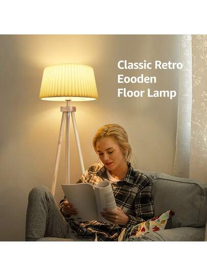 1pc Vintage Wooden Leg Vloer Lamp Foldable Wit Linen Lampshade, Foot Switch, Compatible E27 Bulb (Max 60W), Nordic Living Room Bedroom Lighting view 9