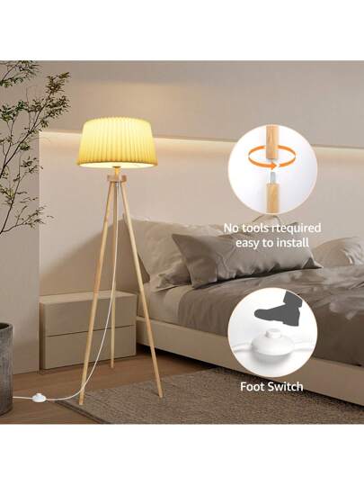1pc Vintage Wooden Leg Vloer Lamp Foldable Wit Linen Lampshade, Foot Switch, Compatible E27 Bulb (Max 60W), Nordic Living Room Bedroom Lighting view 5