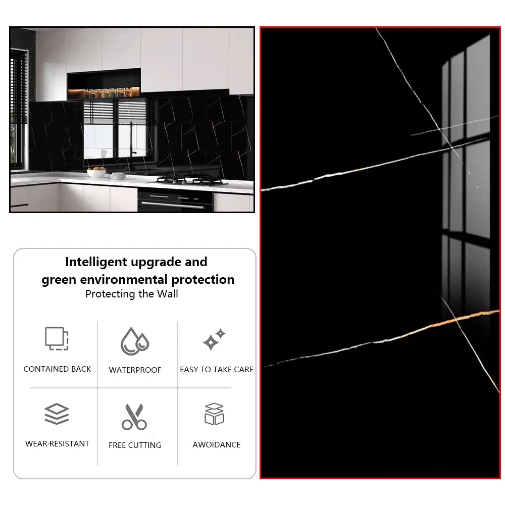 10X PVC Marble Tiles Wall Sticker Self-Adhesive Stick On Kitchen Bathroom Decor+ Bath Rug Floor Carpet Fall Decor Bathroom Accessories - Black - View 1