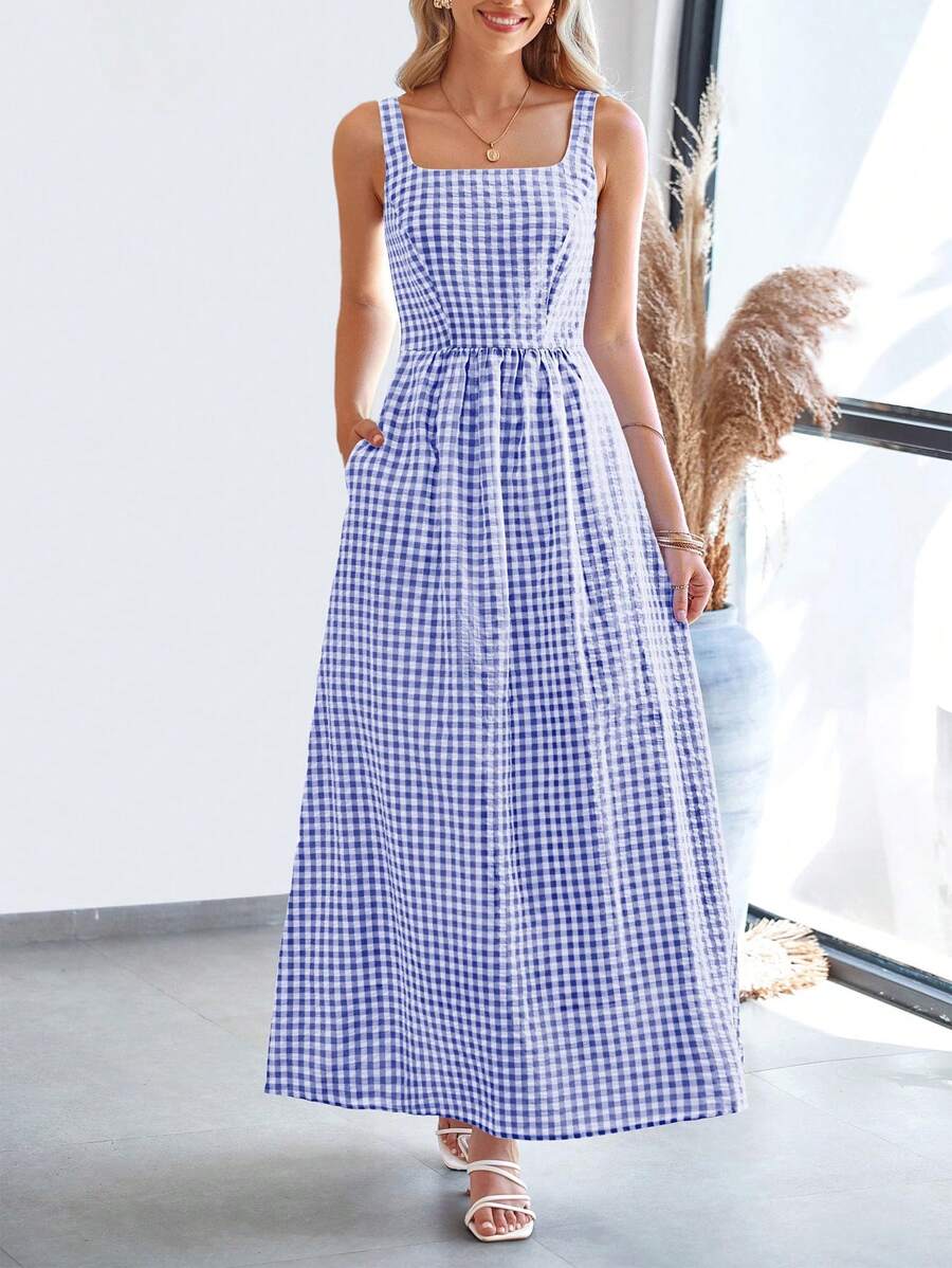 Women's Summer Long Skirt With Waist Waist And Thin Shoulders Plaid Square Collar A-Line Pleats Casual Holiday Sundress - Màu xanh hải quân - Xem 1