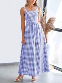 Women's Summer Long Skirt With Waist Waist And Thin Shoulders Plaid Square Collar A-Line Pleats Casual Holiday Sundress - Màu xanh hải quân - Xem 4