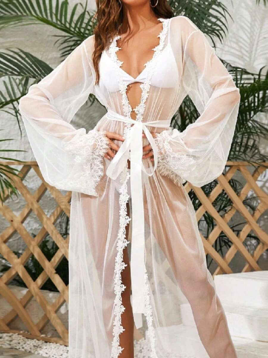 Female Night Robe, Transparent Solid Color Long Sleeve Lace Cardigan Dress With Belt, Sexy Lingerie For Women