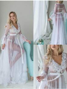 Women Deep V-Neck Curve-Hugging Lingerie Robes Long Sleeve Lace Sheer Nightgown Full-Length Long Night Gown Dress