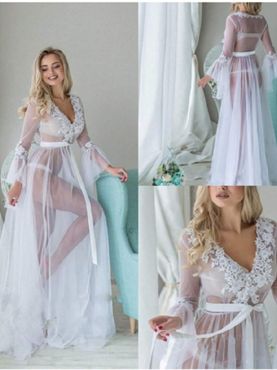 Women Deep V-Neck Curve-Hugging Lingerie Robes Long Sleeve Lace Sheer Nightgown Full-Length Long Night Gown Dress