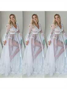 Women Deep V-Neck Curve-Hugging Lingerie Robes Long Sleeve Lace Sheer Nightgown Full-Length Long Night Gown Dress