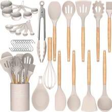 33 Pcs Non-Stick Utensils Spatula Set With Holder, Kitchen Cooking Utensils Set,Black Wooden Handle Silicone Kitchen Gadgets - 卡其色 - 查看 2