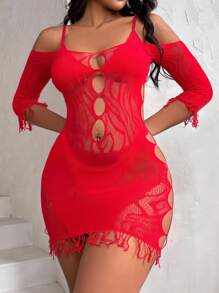 女士圣诞性感内衣套装，大码内裤，镂空睡袍，透明纯色弹力蕾丝连衣裙 - 紅色 - 查看 1