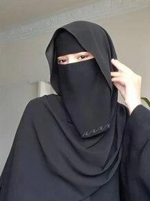 1pc Soft Solid Color Chiffon Face Scarf Veil Women Niqab Glitter Skin Friendly Casual Hijab - Small Wave Black - View 3