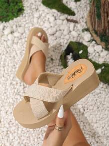 Women Apricot Criss Cross Wedge Slide Sandals, Elegant Open Toe Sandals For Daily - Apricot - View 1