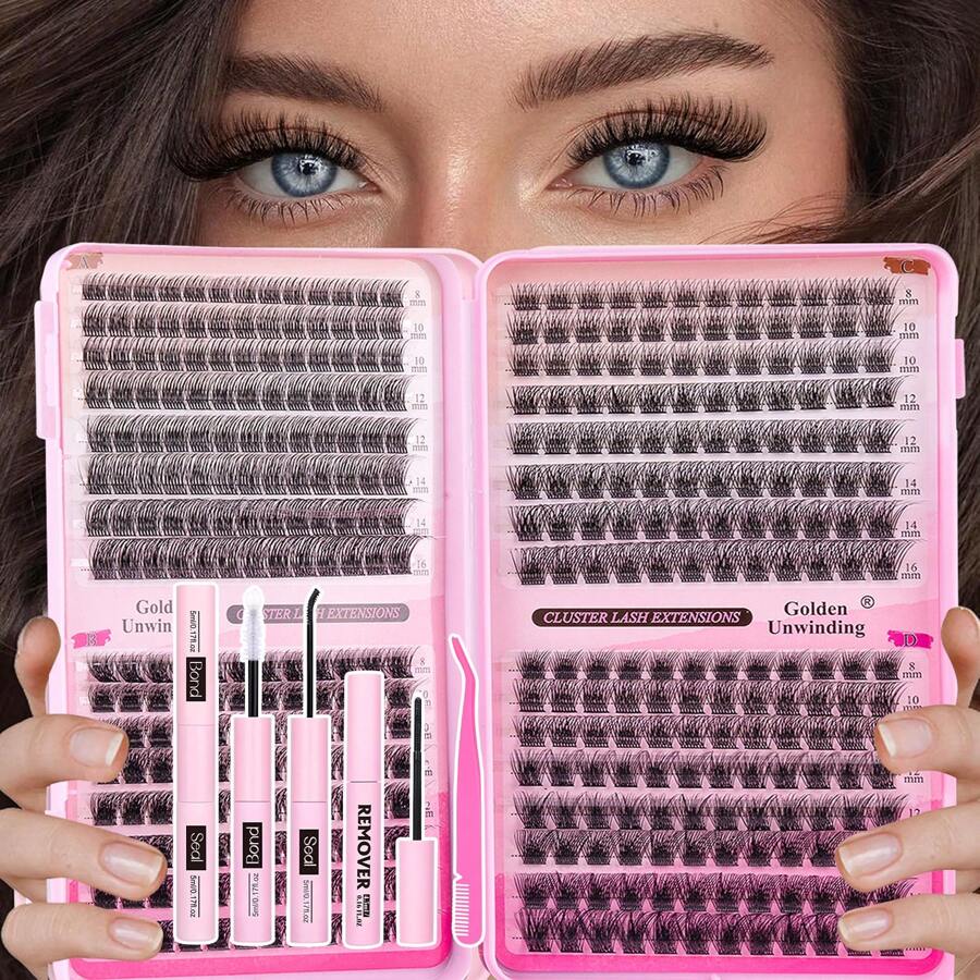 384pcs Eyelash Extension Kit, DIY Eyelash Extension Set, Individual Lash Cluster Kit, D-Curl Eyelash Extension Set, Includes Adhesive, Sealant And Eyelash Extension Tools, Suitable For Daily Use, Parties, Travel, Or As A Gift For Family And Friends - 黑色 - 查看 1