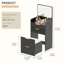 HNEBC 3 In 1 Small Vanity Desk With Plip Top Mirror,Makeup Vanity Set With Visible Glass Desktop,Compact Vanity With 3 Drawers,Storage Compartment And Padded Stool,Dressing Table For Bedroom,White - 黑色 - 查看 4