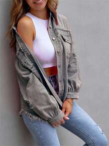 Women's Spring Autumn Denim Coat Lapel Long Sleeve Solid Color Button Up Ripped Jean Jacket - Grey - View 3
