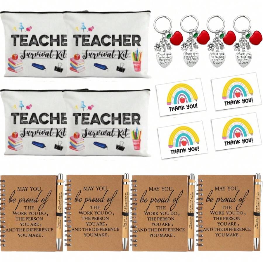 4Set/20Pcs Teacher Appreciation Gift Set, Ideal For Christmas New Year's, Valentine's Day, Graduation, General Giving, Thank You Teacher Gifts With Makeup Bags,Teacher Appreciation Week Keychain, Notebook And Pen Gifts For Teachers - Brown - View 1