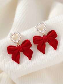 1 Pair Red Velvet Bowknot Heart Earrings With Elegant Pearl Heart Dangle