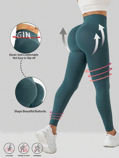 Summer Workout Sport Sexy Letter Tape Waist Sport Leggings Tummy Control Shaping Beautiful Buttock High Waisted Seamless Slimming Waist Hip Lifting Yoga Pants For Women Resilient Soft Touch Breathable 4 Way Stretch Legging For Running Cycling Gym Training Pickleball Exercise Casual