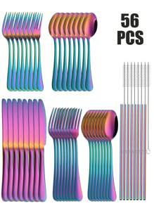 7/28/56 件彩虹不锈钢餐具套装包括刀、叉、勺和不锈钢吸管，镜面抛光，适合家庭聚会、朋友野餐、酒店餐厅、礼物 - 彩色 - 查看 11