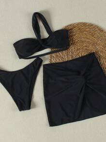Bộ bikini 3 mảnh màu đen lệch vai, kiểu dáng thường ngày, gợi cảm, phong cách Châu Âu và Mỹ, hàng mới về mùa Xuân/Hè dành cho nữ, thích hợp cho đi biển, dự tiệc, hẹn hò, du lịch. - màu đen - Xem 4