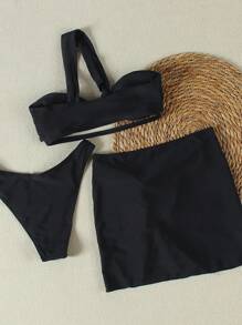 Bộ bikini 3 mảnh màu đen lệch vai, kiểu dáng thường ngày, gợi cảm, phong cách Châu Âu và Mỹ, hàng mới về mùa Xuân/Hè dành cho nữ, thích hợp cho đi biển, dự tiệc, hẹn hò, du lịch. - màu đen - Xem 5