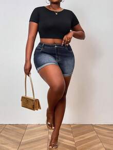 Plus Size Women High Waist Distressed Skinny Denim Shorts - Blue - View 4