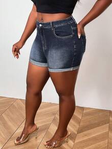 Plus Size Women High Waist Distressed Skinny Denim Shorts - Blue - View 6
