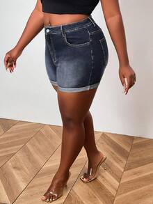 Plus Size Women High Waist Distressed Skinny Denim Shorts - Blue - View 3