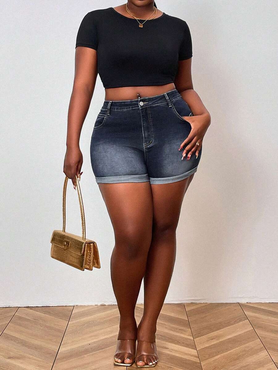 Plus Size Women High Waist Distressed Skinny Denim Shorts - Blue - View 1