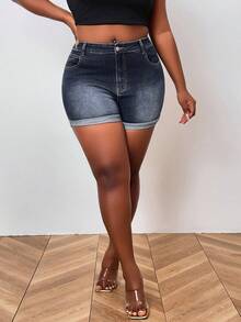 Plus Size Women High Waist Distressed Skinny Denim Shorts - Blue - View 5