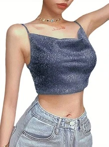 Women Summer Crop Top, Black Shiny Spaghetti Straps Low Cut V-Neck Form-Fitting Tank Top For Girls - 藏青色 - 查看 2