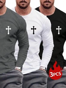 3pcs/Set Men's Casual Everyday Cross Print Long Sleeve T-Shirts, Autumn Tee, Fall Clothes - Multicolor - View 6