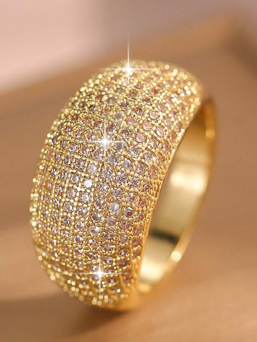 LXOEN 1件奢華金色戒指,鑲嵌閃亮立方氧化鋯,適合女性,可用於派對、宴會、婚禮、節日、禮物和情人節禮物 - 金黃色 - 查看 1