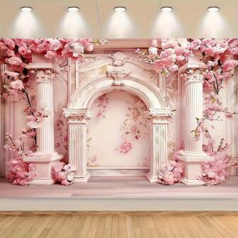 A Classical Floral Castle Wall Photography Background, Polyester Arch Pillar Flower Wall Banner, Suitable For Wedding, Birthday, Princess Themed Party Decoration