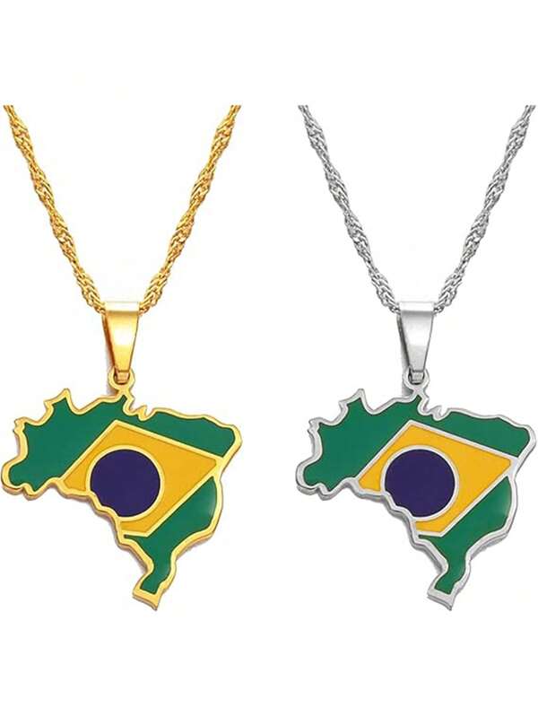 1 collana con ciondolo a forma di mappa del Brasile in acciaio inossidabile, collana con ciondolo geometrico in acciaio inossidabile placcato oro a forma di mappa e bandiera, collana decorativa, elegante catena collarbone