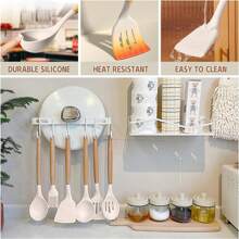 33 Pcs Non-Stick Utensils Spatula Set With Holder, Kitchen Cooking Utensils Set,Black Wooden Handle Silicone Kitchen Gadgets - 卡其色 - 查看 5