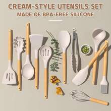 33 Pcs Non-Stick Utensils Spatula Set With Holder, Kitchen Cooking Utensils Set,Black Wooden Handle Silicone Kitchen Gadgets - 卡其色 - 查看 3