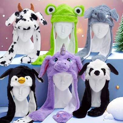 1 pieza Sombrero de peluche con orejas móviles en forma de pingüino, rana, panda o elefante, accesorio de disfraz para fiesta con temática animal