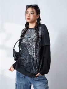 Women Grunge Tops Long Sleeve Round Neck Graphic Print Loose T-Shirts Fake Two-Piece Streetwear Tops - Black - View 2