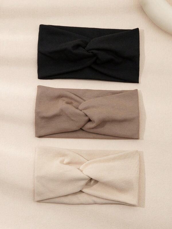 Set Of 3 Girls Solid Color Twist Detail Casual Headbands For Back-To-School Gyms