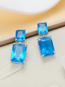 1pair Luxury Square Blue Zirconia Stones Earrings For Women Exquisite Fashion Silver Color Engagement Wedding Party Dangle Earring - 耳環 - 查看 4