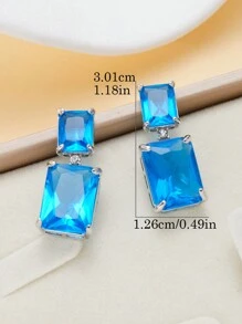 1pair Luxury Square Blue Zirconia Stones Earrings For Women Exquisite Fashion Silver Color Engagement Wedding Party Dangle Earring - 耳環 - 查看 6