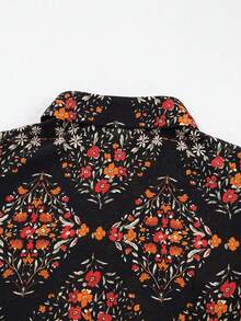 CILKOO Spring Style Extra-Long Lantern Sleeve Printed Casual Thin Shirt Top - Black - View 6