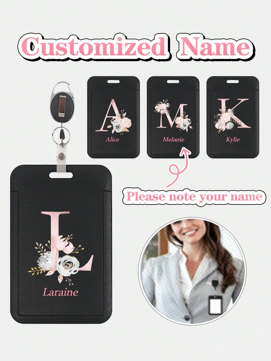 1pc Rose Series Customized ID Card Holder With Retractable Slide Cover, Custom Badge Card Case, Gift For Her Or Coworkers, ,Colorful,Cute,Adorable,Funny,Kawaii,Y2K,Stylish,Unisex,Casual,Custom,Personalized,Unique,Customized,Ideal Gifts For Him,Ideal Gifts For Her,Her,Boyfriend,Girlfriend,Family,Friends,Children,For Anniversaries,For Valentine's Day,For Mother's Day,For Birthdays,For Children's Day,For Father's Day,For Graduation,For Weddings,For Housewarming - Black - View 1