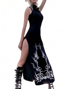 Womens Summer Sleeveless Long Dress Vintage Printing High Collar Slim Fit Split Dress - Negro - Ver 4