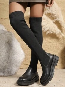 Round Toe Chunky Heel Tall Boots For Women, Autumn/Winter, Leather Upper, High Shaft, High Heel, Knit Splice Sock Shaft, Retro Riding Boots - Black Long - View 2