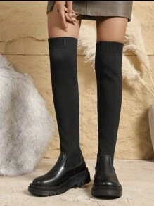 Round Toe Chunky Heel Tall Boots For Women, Autumn/Winter, Leather Upper, High Shaft, High Heel, Knit Splice Sock Shaft, Retro Riding Boots - Black Long - View 4