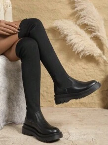 Round Toe Chunky Heel Tall Boots For Women, Autumn/Winter, Leather Upper, High Shaft, High Heel, Knit Splice Sock Shaft, Retro Riding Boots - Black Long - View 6