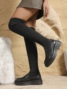 Round Toe Chunky Heel Tall Boots For Women, Autumn/Winter, Leather Upper, High Shaft, High Heel, Knit Splice Sock Shaft, Retro Riding Boots - Black Long - View 5